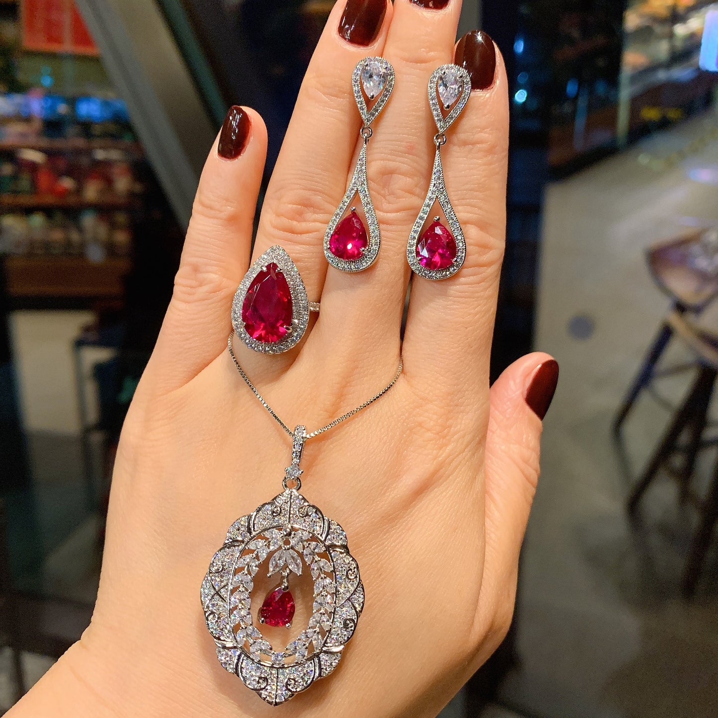 Red Sapphire Pear Cut Jewelry Set