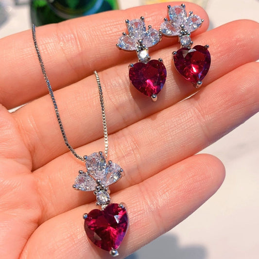 Red Sapphire Heart Cut Jewelry Set