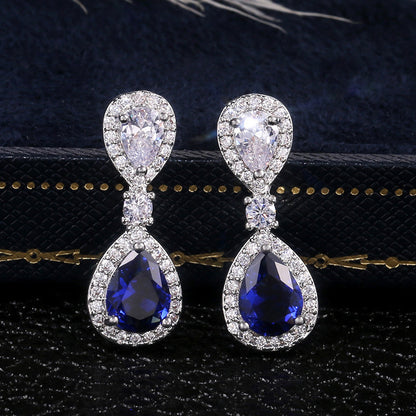 14Ct Blue&White Sapphire Pear Cut Drop Earrings