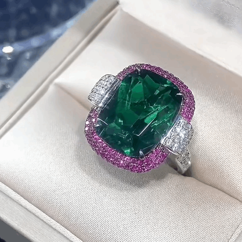 12Ct Green&Red Sapphire Baguette Cut Ring