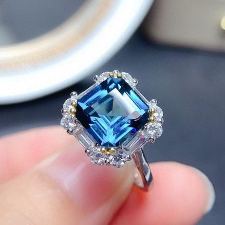 10Ct Blue Sapphire Asscher Cut Engaement Ring