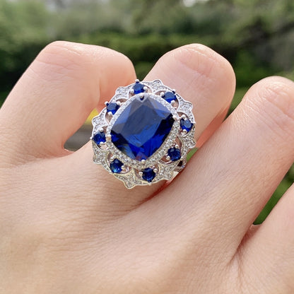 10Ct Blue Sapphire Cushion Cut Engagement Ring