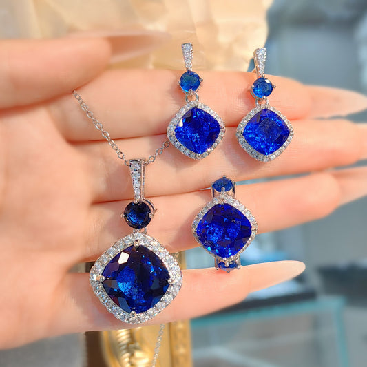 Blue Sapphire Cushion Cut Jewelry Set