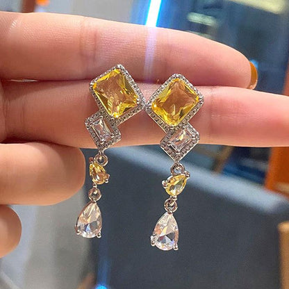 14Ct Yellow&White Sapphire Baguette Cut Drop Earrings