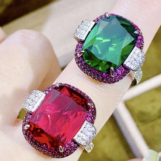 12Ct Green&Red Sapphire Baguette Cut Ring