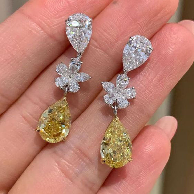 14Ct Yellow&White Sapphire Pear Cut Drop Earrings