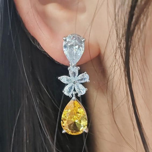 14Ct Yellow&White Sapphire Pear Cut Drop Earrings