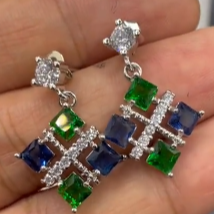 10Ct Green&Blue Sapphire Asscher Cut Drop Earrings