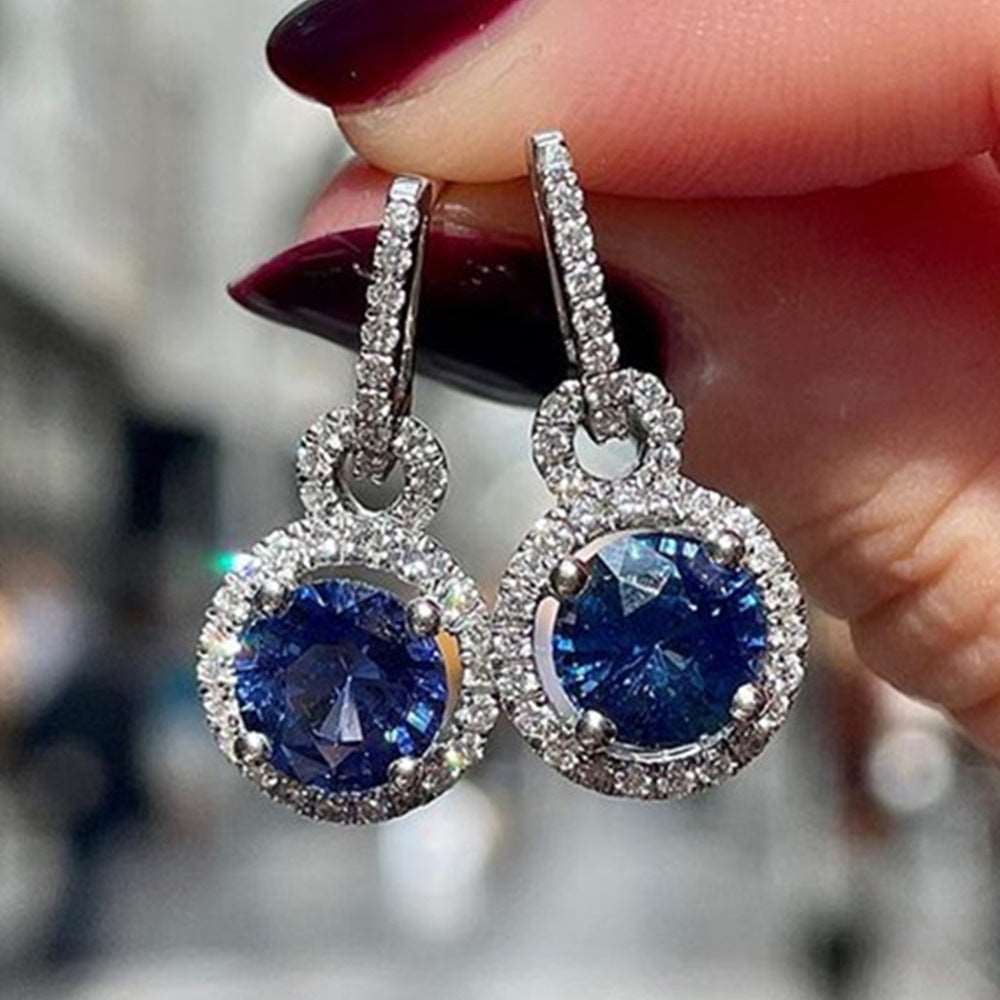 12Ct Blue Sapphire Round Cut Drop Earrings