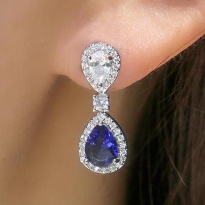 14Ct Blue&White Sapphire Pear Cut Drop Earrings