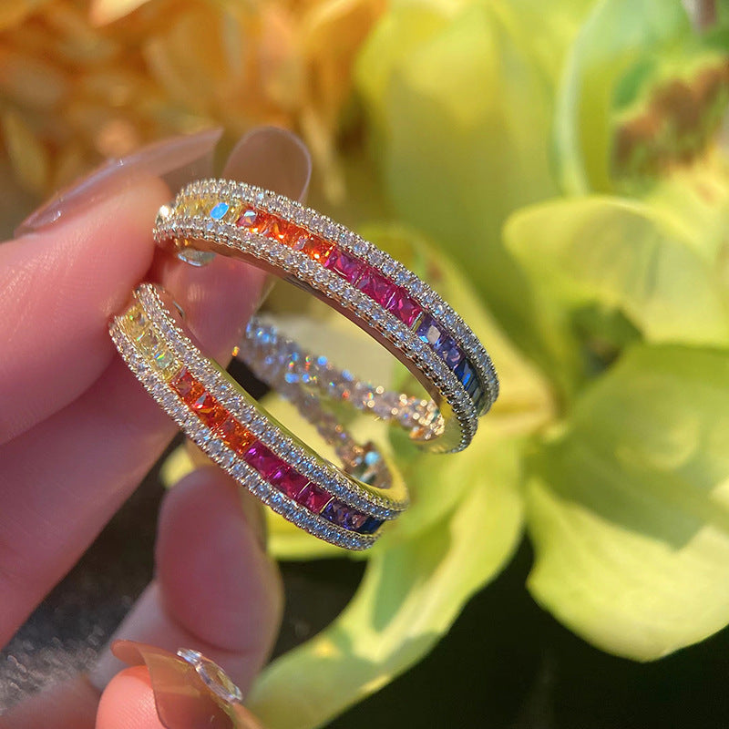 16Ct Rainbow Sapphire Baguette Cut Hoop Earrings