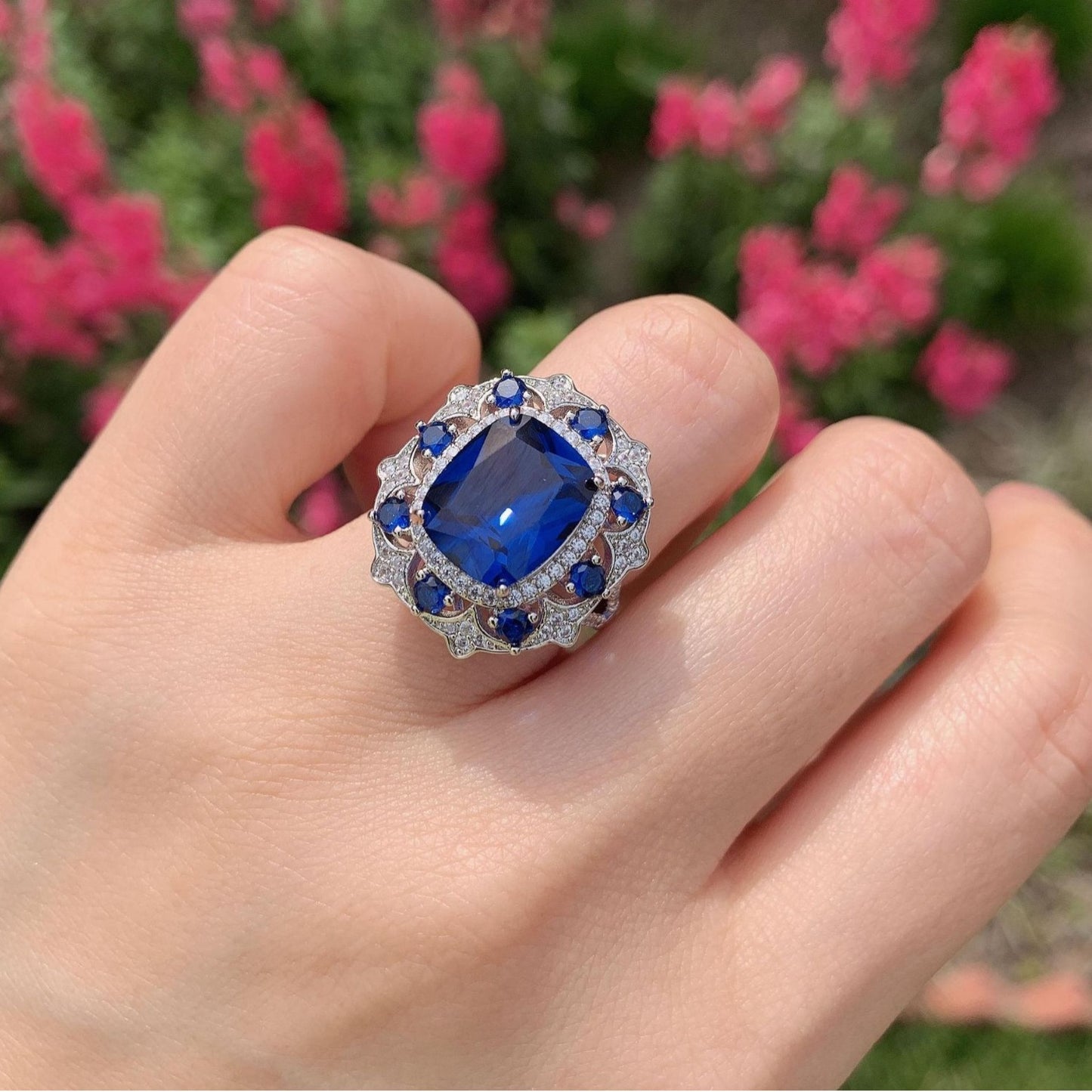 10Ct Blue Sapphire Cushion Cut Engagement Ring