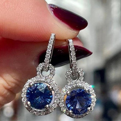 12Ct Blue Sapphire Round Cut Drop Earrings