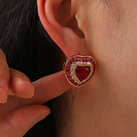 12Ct Red&White Sapphire Heart Cut Stud Earrings