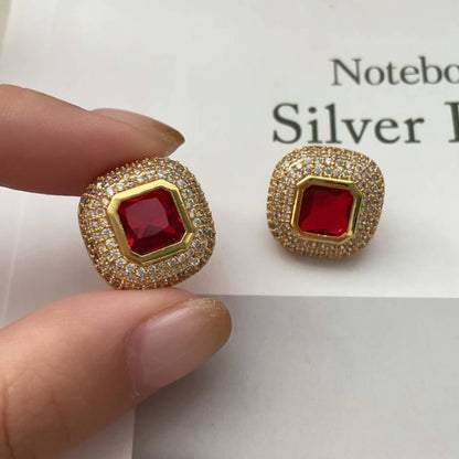 12Ct Red Sapphire Asscher Cut Stud Earrings