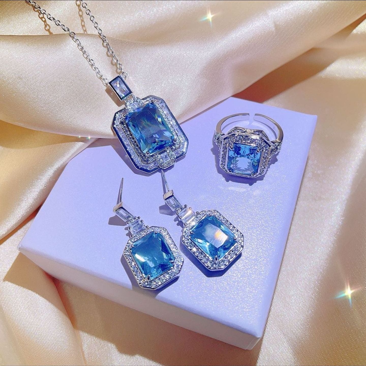 Blue Sapphire Baguette Cut Jewelry Set