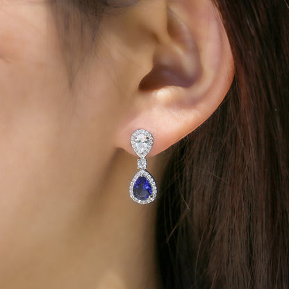 14Ct Blue&White Sapphire Pear Cut Drop Earrings