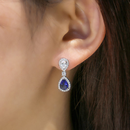 14Ct Blue&White Sapphire Pear Cut Drop Earrings