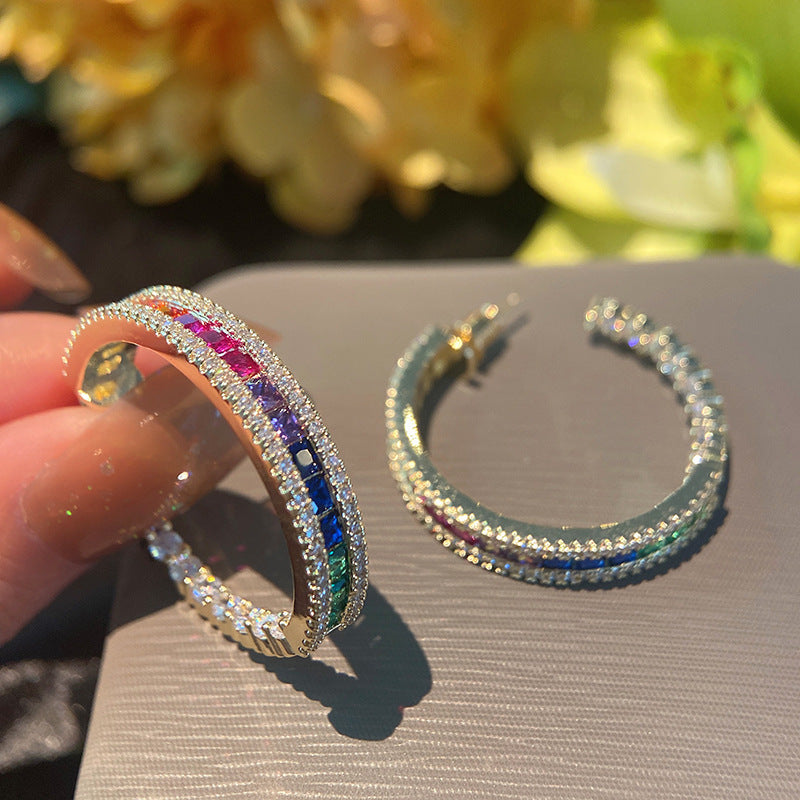 16Ct Rainbow Sapphire Baguette Cut Hoop Earrings