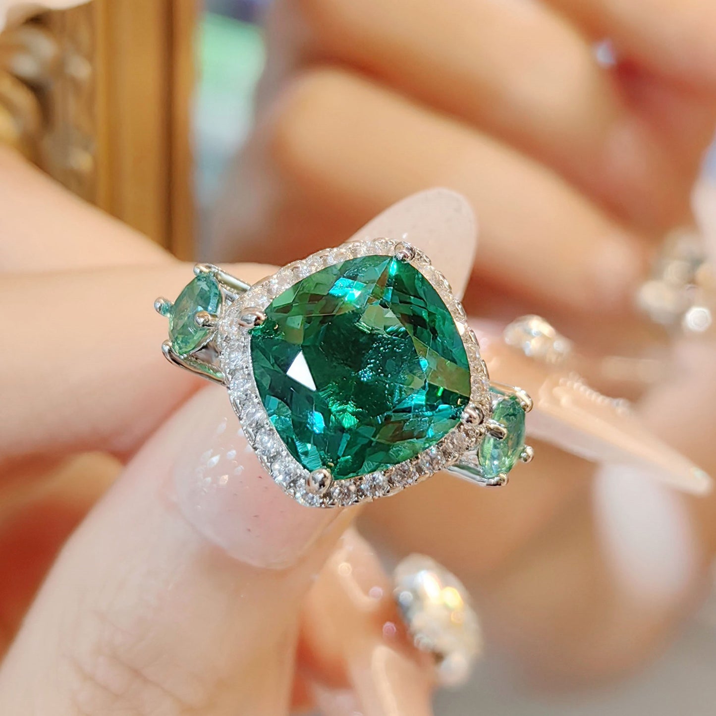 Green Sapphire Cushion Cut Jewelry Set