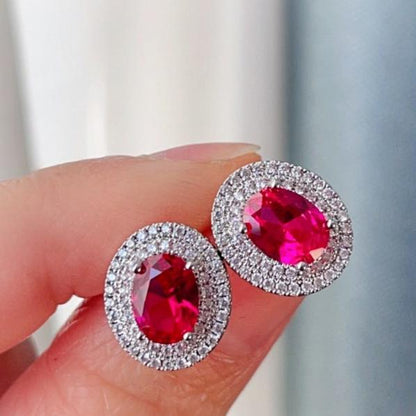 12Ct Red&White Sapphire Oval Cut Stud Earrings