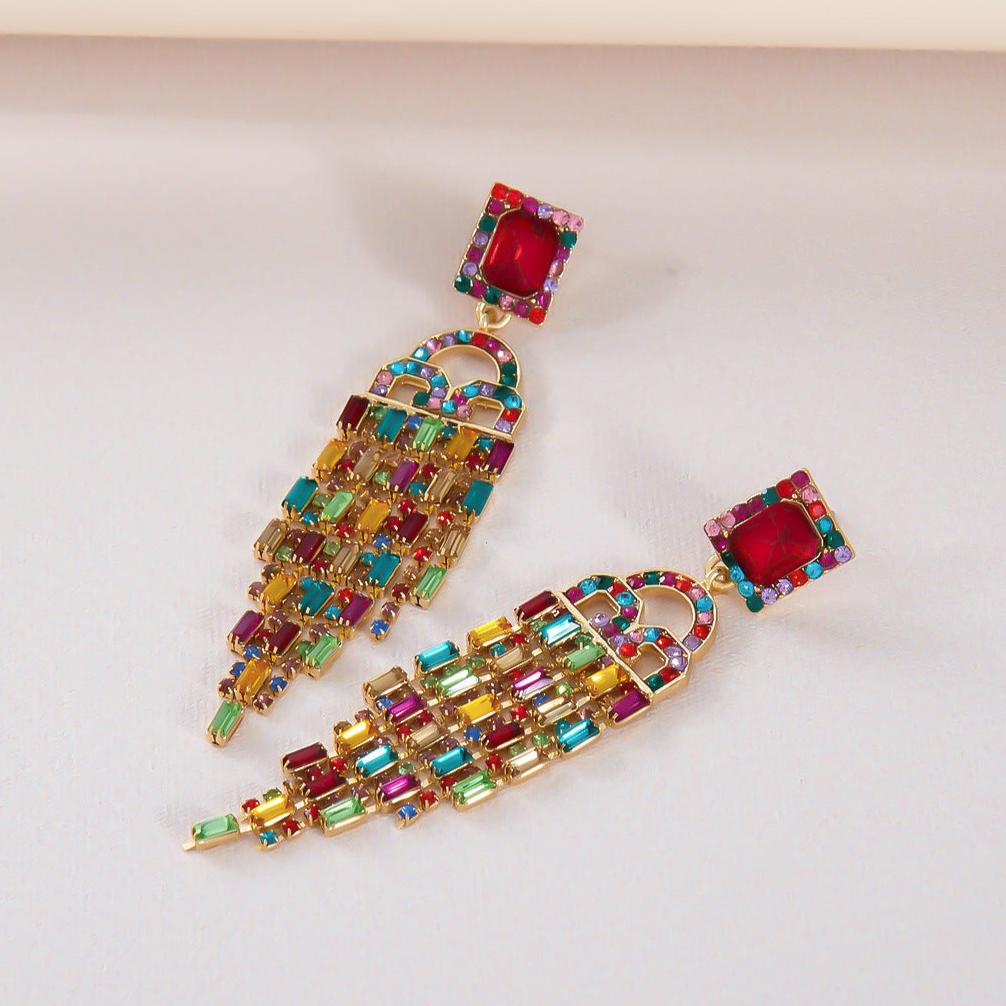 18Ct Rainbow Sapphire Baguette Cut Drop Earrings