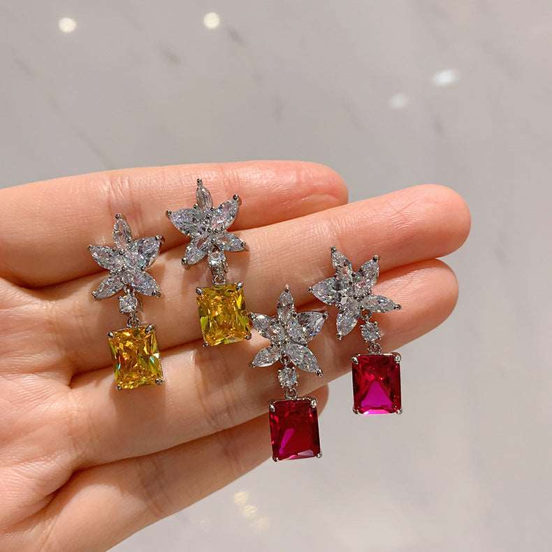 12Ct Baguette Flower multi-colored Earrings