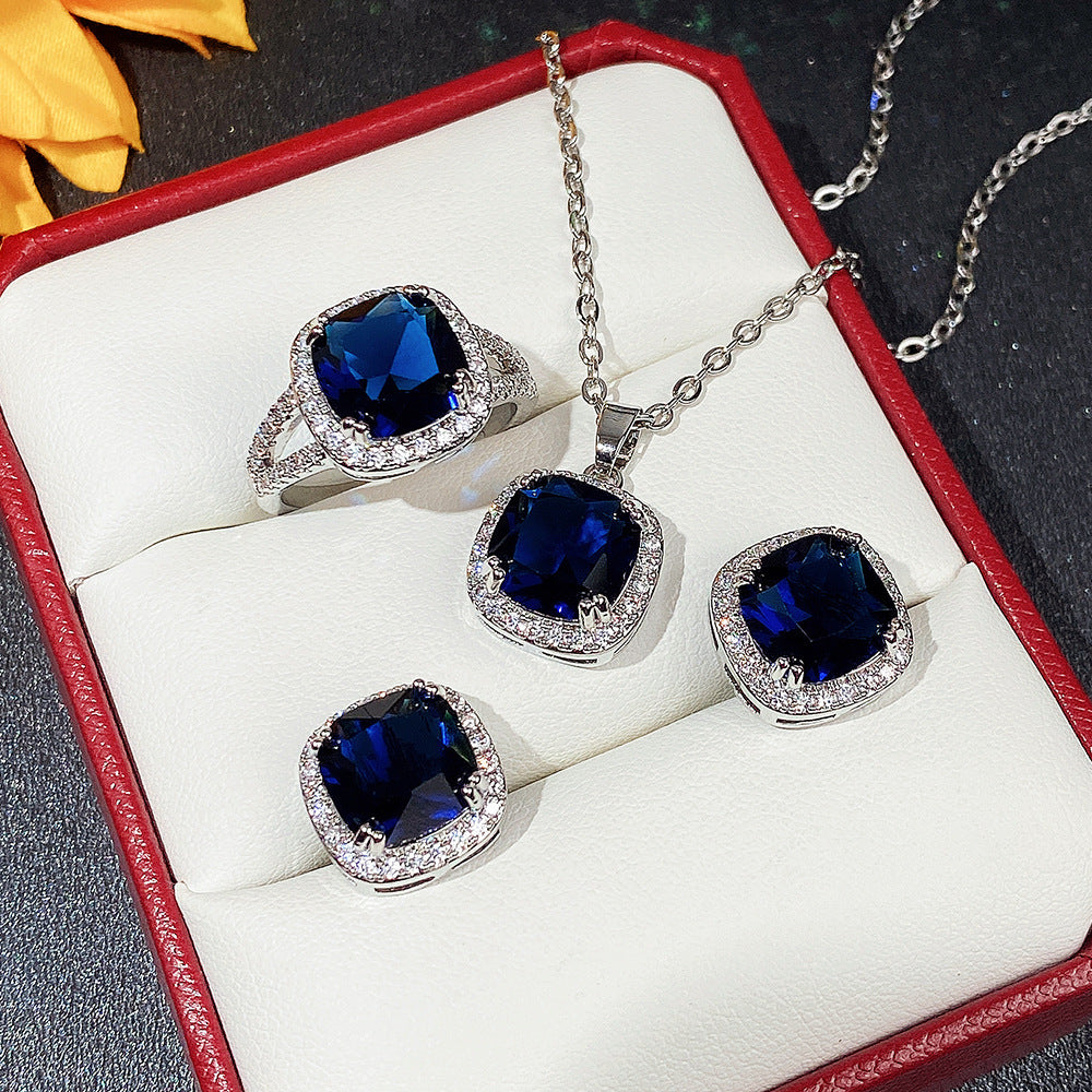 Blue Sapphire Cushion Cut Jewelry Set