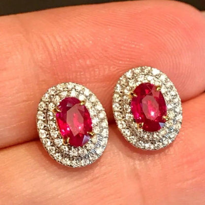 12Ct Red&White Sapphire Oval Cut Stud Earrings