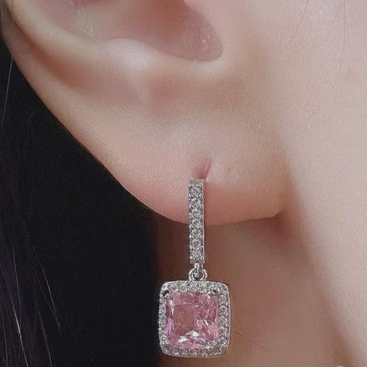 8Ct Pink Sapphire Asscher Cut Drop Earrings