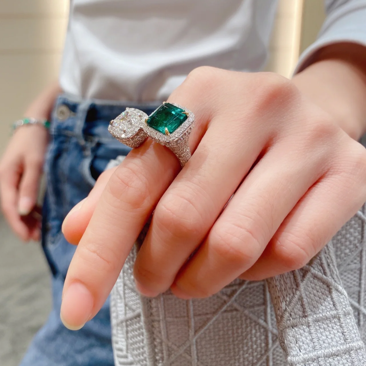 14Ct Blue&White Sapphire  Asscher Cut Engaement Ring