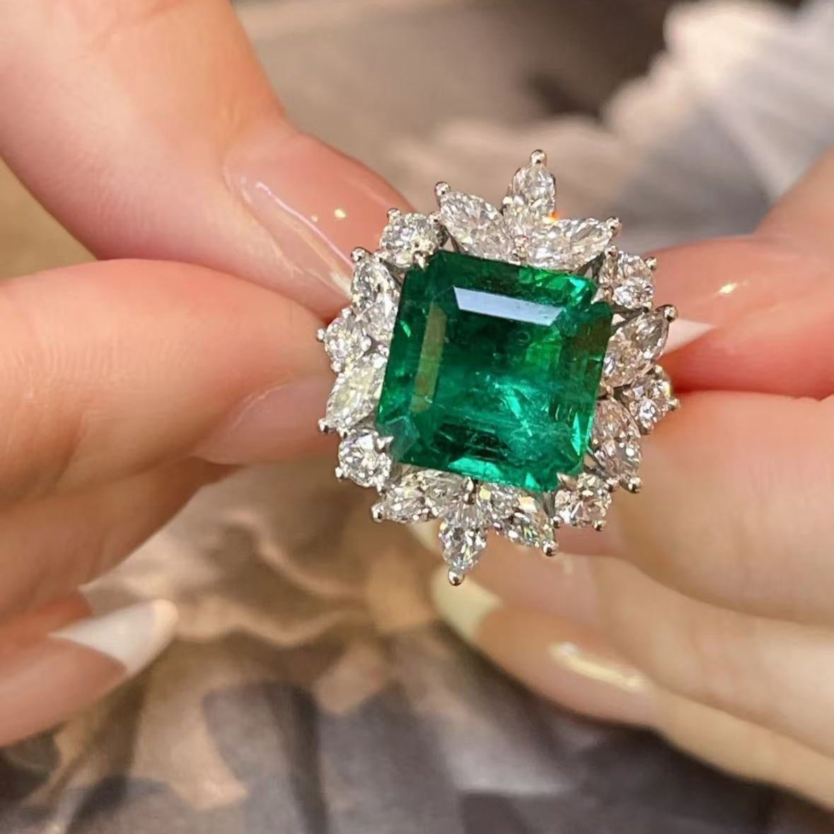 12Ct Green Sapphire Asscher Cut Engaement Ring