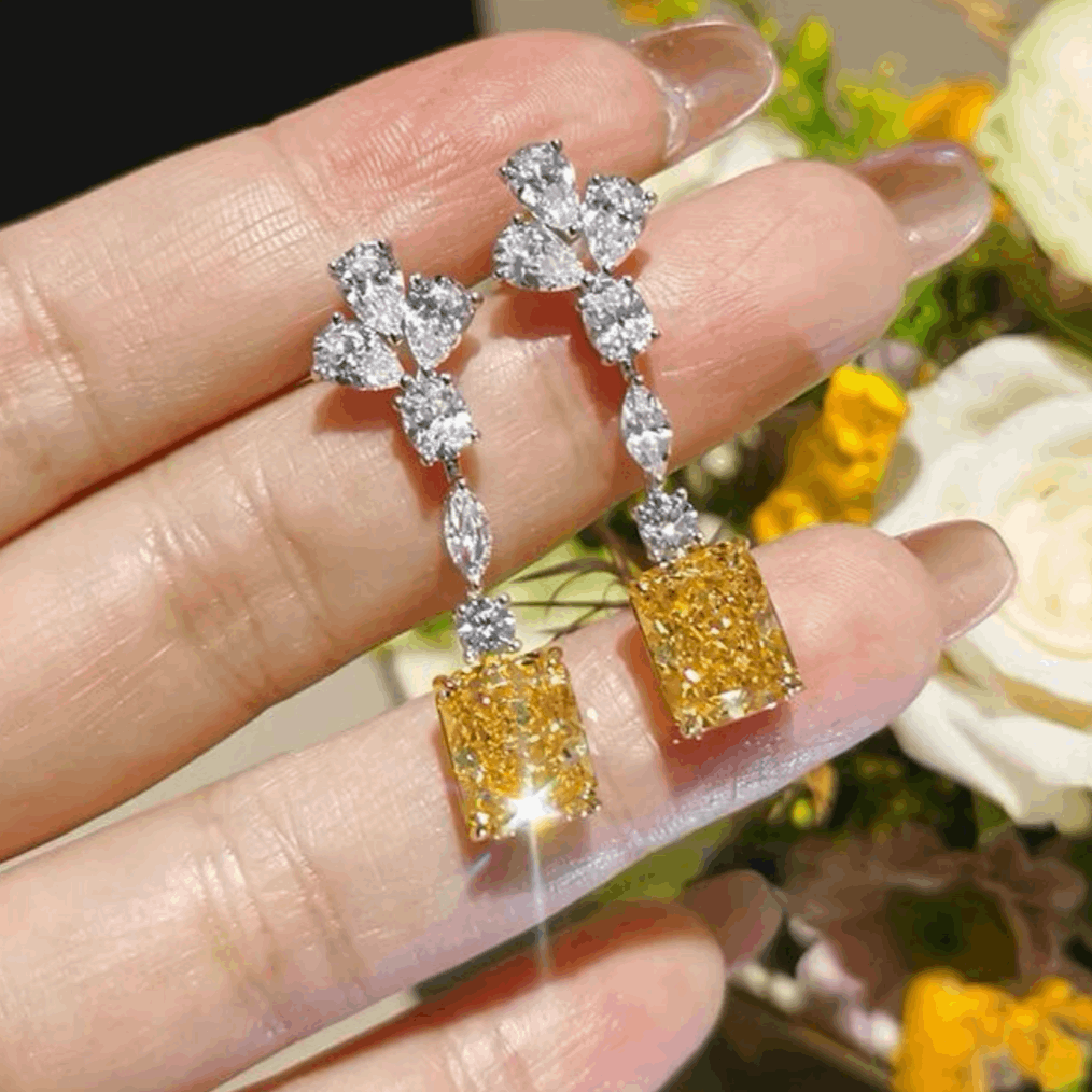 10Ct Yellow&White Sapphire Baguette Cut Drop Earrings