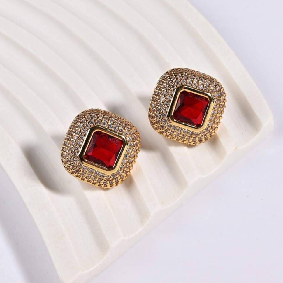 12Ct Red Sapphire Asscher Cut Stud Earrings