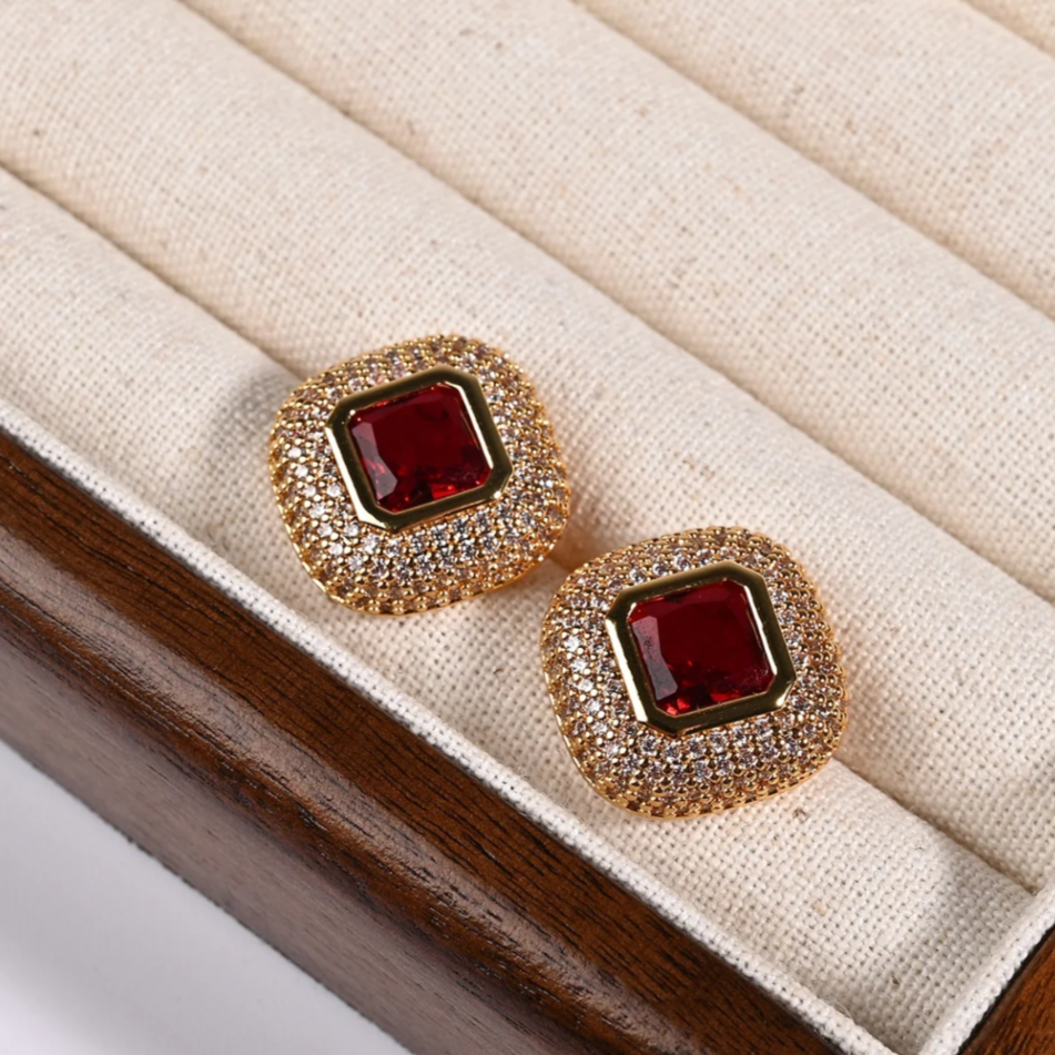 12Ct Red Sapphire Asscher Cut Stud Earrings