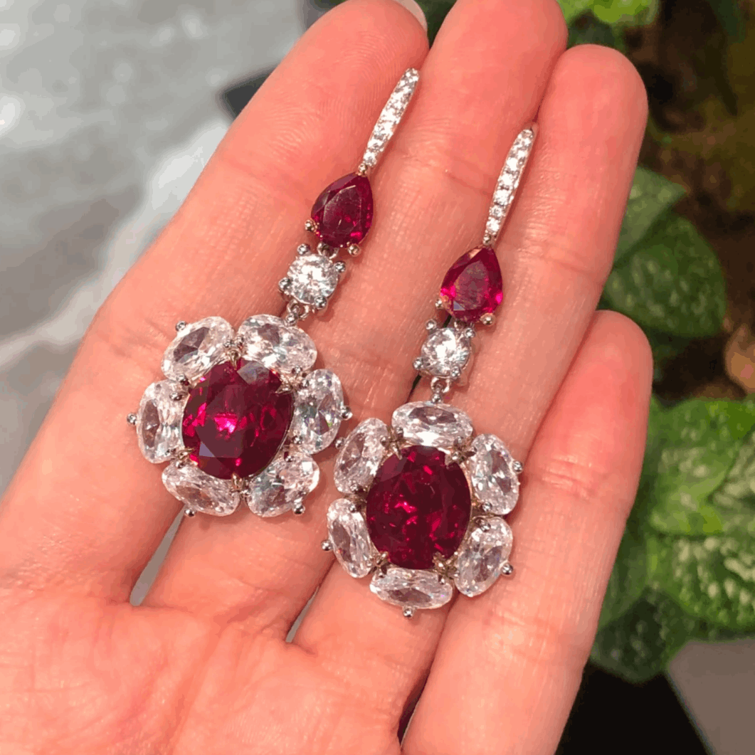 10Ct Red&White Sapphire Oval Cut Drop Earrings