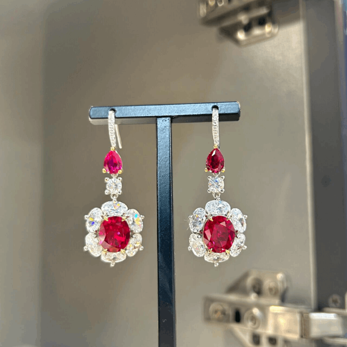 10Ct Red&White Sapphire Oval Cut Drop Earrings