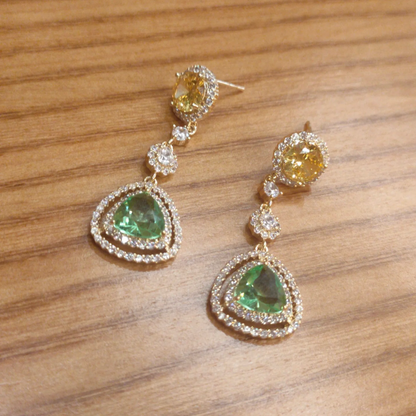 14Ct Yellow&Green Sapphire Triangular Cut Drop Earrings