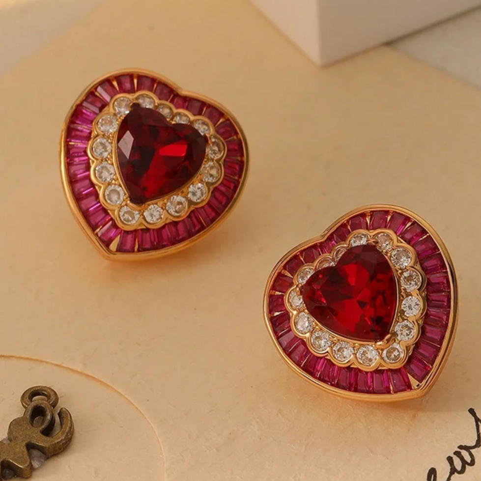 12Ct Red&White Sapphire Heart Cut Stud Earrings