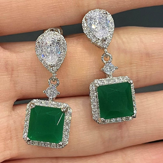 10Ct Green&White Sapphire Asscher Cut Drop Earrings