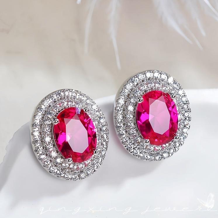 12Ct Red&White Sapphire Oval Cut Stud Earrings