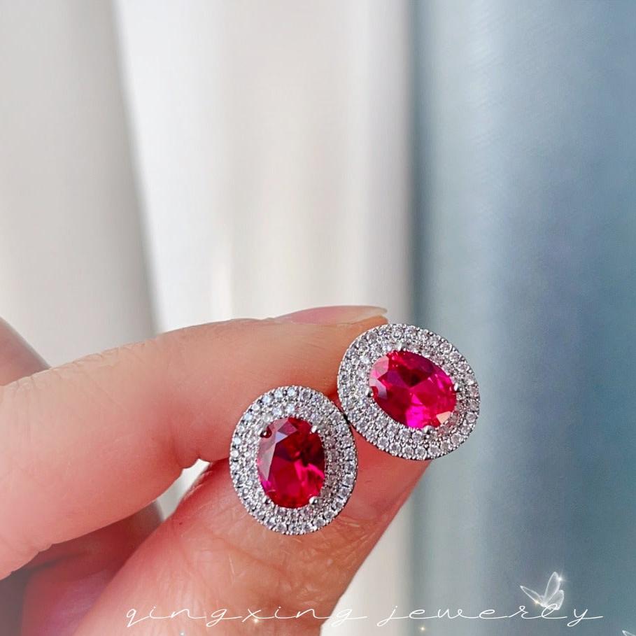 12Ct Red&White Sapphire Oval Cut Stud Earrings