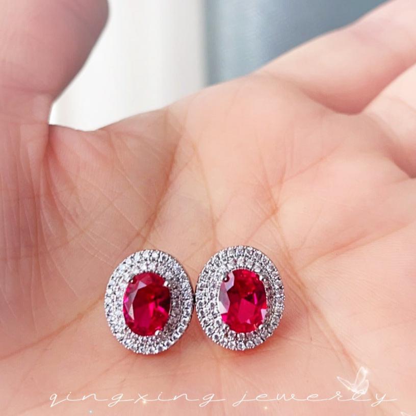 12Ct Red&White Sapphire Oval Cut Stud Earrings