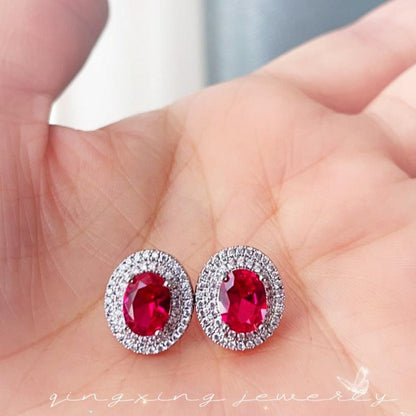 12Ct Red&White Sapphire Oval Cut Stud Earrings