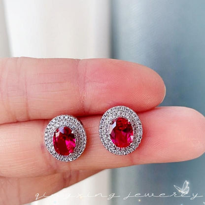 12Ct Red&White Sapphire Oval Cut Stud Earrings