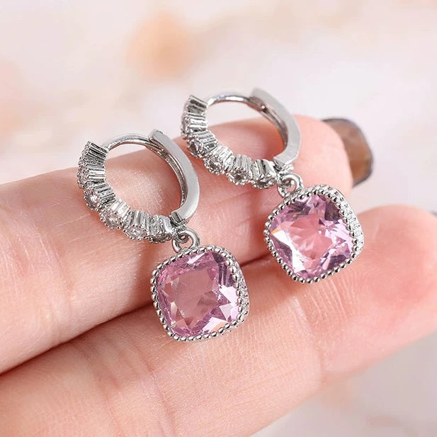 8Ct Pink Sapphire Cushion Cut Drop Earrings