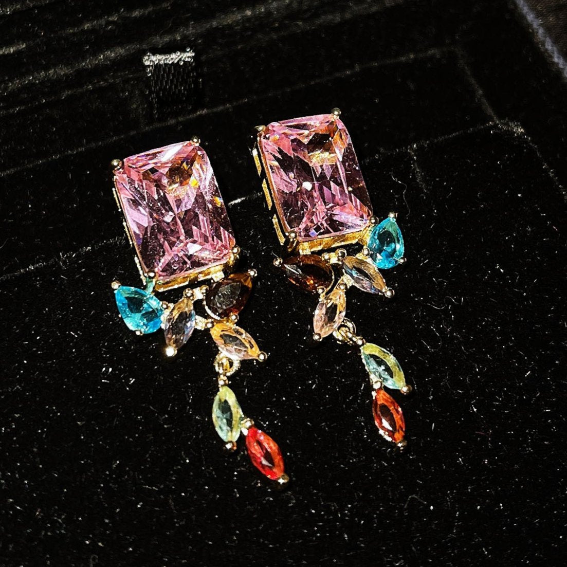 20Ct Rainbow Sapphire Baguette Cut Drop Earrings