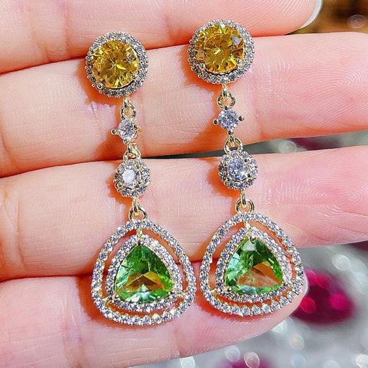 14Ct Yellow&Green Sapphire Triangular Cut Drop Earrings