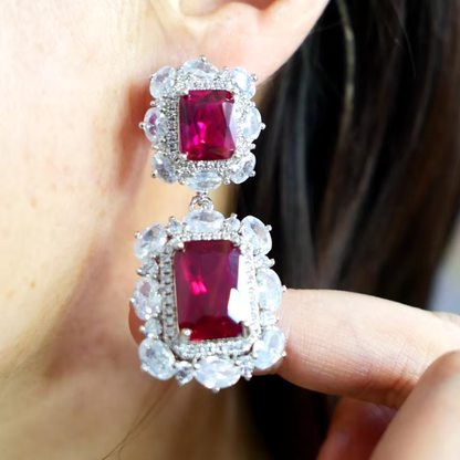 18Ct Red&White Sapphire Baguette Cut Drop Earrings