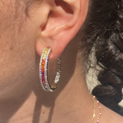 16Ct Rainbow Sapphire Baguette Cut Hoop Earrings